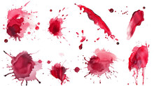 Splattered And Smeared Red Ink, Wine Or Blood Blots On White, Chaotic And Artistic, Perfect For Backgrounds Or Creative Concepts.