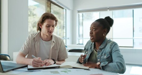 Wall Mural - Students, writing and collaboration with notebook research, project ideas and statistics class on campus. Friends or young man and woman for university or college notes, studying and graphs or charts