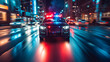 © Jammer Gene - Police car chasing a runaway vehicle in downtown. Lights flaring and sirens going. Nighttime police work.