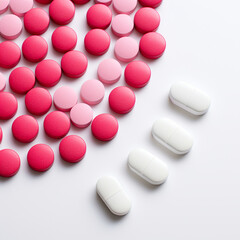 Wall Mural - Pink and white pills on white background. Top view with copy space