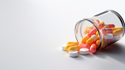 Wall Mural - Different pills spilling out of pill bottle on white background