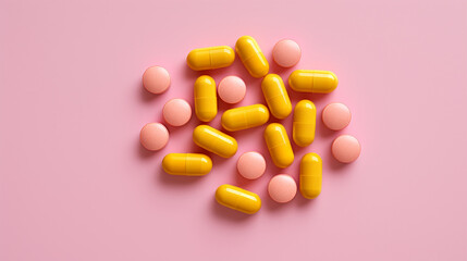 Wall Mural - Yellow and pink pills on pink background. Top view with copy space	