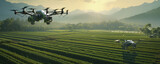 Fototapeta Tęcza - Drones above farm field. Futured drone working on fields. Modern fly technology in farming.