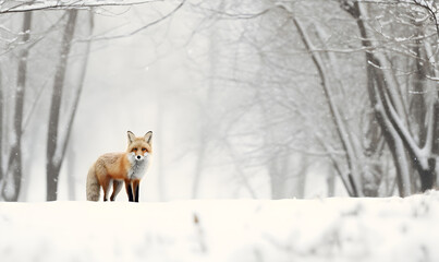 Wall Mural - Red fox in the winter forest on the snow. Predatory ginger vulpes with winter fur on a snowy meadow. Photo of winter wildlife animals and nature. Banner for card, poster, print with copy space.