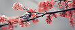 Titmouse sitting on branch of cherry blossom. Hanami festive banner concept. Blooming sakura with pink flowers in spring season. Spring wildlife birds concept. Beautiful Japan nature background.