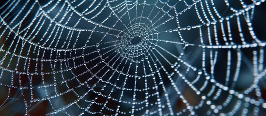 Wall Mural - Macro shot of spider web covered in sparkling water droplets on a rainy day