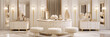 3D rendering of a dressing room with white and gold furniture and a marble floor.