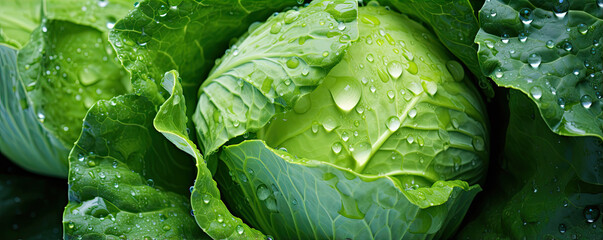 Fresh cabbage in farm field. Cabbages green leaves detail with water dew.