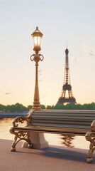  Parisian park with bench and street lamp in the foreground and Eiffel Tower in the background
