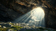 CInematic view of Empty easter christian tomb, easter empty tomb with sunrays coming in as a symbol of 
