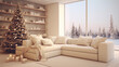 3D rendering of a cozy living room with a Christmas tree and a view of a snowy forest outside the window in white and beige colors.