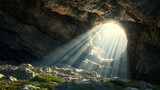 Fototapeta  - CInematic view of Empty easter christian tomb, easter empty tomb with sunrays coming in as a symbol of 