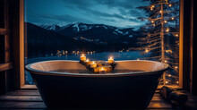 A Wooden Bathtub Sits In A Cozy Cabin Overlooking A Winter Lake.