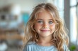 A playful toddler with sparkling blue eyes and a smattering of freckles on her rosy cheeks exudes innocence and charm in a portrait capturing her joyful spirit and adorable blond curls