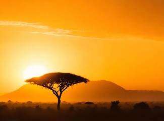 Wall Mural - African savanna panoramic landscape photography at sunset. Travel background with copy space.