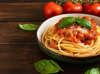 Wall Mural - Spaghetti plate with Amatriciana sauce isolated on wooden background with copy space