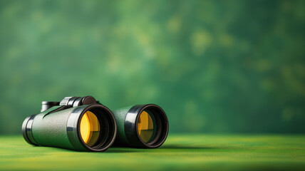 Poster - Green binoculars on a table with a blurred green background