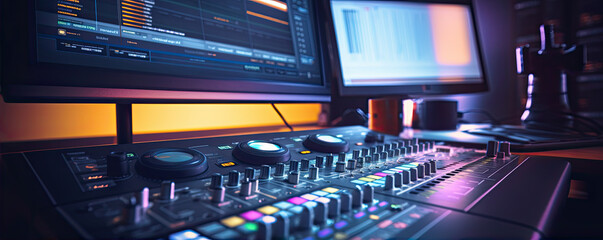 Modern studio control desk. Recording or sound DJ proffesional system. sound equipment for concert.