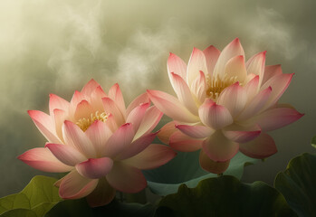 Mist above two pink lotus flowers