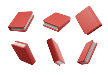 Leinwandbilder - Various perspectives of a red book icon depicted against a transparent background with a backdrop design featuring red line patterns. 3d rendering