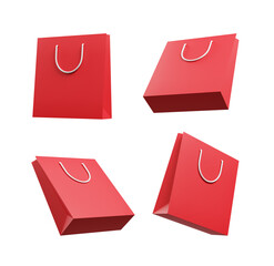 Poster - Four angled views of a red shopping bag icon with a white handle on a transparent background. 3d rendering