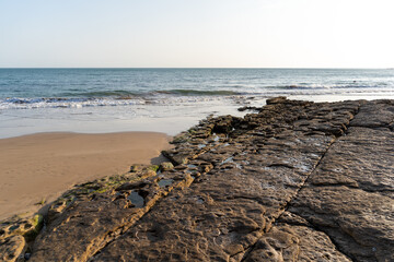 Wall Mural - A rock formation on the sand by the ocean. High quality photo