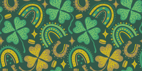 Vector funny seamless pattern for Patrick's day with lucky clover, money, horseshoe and rainbow.