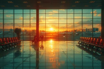 Wall Mural - As the sun dips below the horizon, its fiery glow illuminates the tranquil waters of the outdoor swimming pool, casting a warm reflection onto the towering skyscraper and the expansive sky filled wit