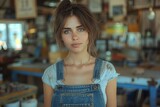Fototapeta  - A confident woman in denim overalls gazes directly at the viewer, embodying effortless style and showcasing the power of comfortable yet fashionable clothing