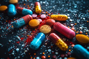 A colorful collection of medicinal pills and capsules, each representing a different type of drug - from painkillers to vitamins - like a sweet and necessary candy for our health