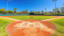 A Baseball Diamond With Blue Skies And Lush Green Fields