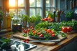 Amidst the warm glow of a kitchen window, a vibrant array of fresh produce, including plump cherry and plum tomatoes, is artfully displayed on a rustic table, inviting us to savor the natural and nou
