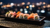 Fototapeta Góry - Luxury Sushi Platter Under the Stars, an assortment of premium sushi and sashimi served on a rooftop