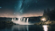 Majestic Waterfall Flowing into a Pool of Stars, the water's spray creating a mist that catches