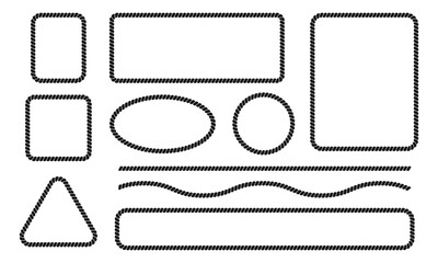 Set of rope or cord frames and borders. Rectangle, circle, oval, square, triangle shapes with thread or cable texture. Design elements in sailor, marine, sea, nautical style. Vector flat illustration.