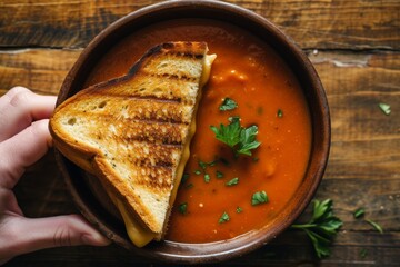 Wall Mural - Half of a grilled cheese sandwich and a bowl of tomato soup forming a combo