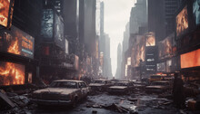 Post Apocalyptic City: New York Times Square In Burnt-out Vehicles, Destroyed Buildings And Shattered Roads