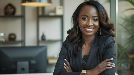 Wall Mural - Positive beautiful young black business woman posing in office with hands folded, looking at camera with toothy smile. Happy african american female entrepreneur, corporate head shot portrait