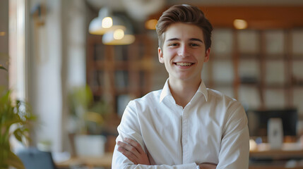 Wall Mural - Positive beautiful young blonde business man posing in office with hands folded, looking at camera with toothy smile. Happy blonde male entrepreneur, corporate head shot portrait