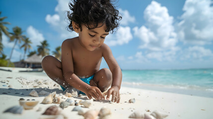 cute little indian boy in swimsuit playing at the beach and searching for clams and stones