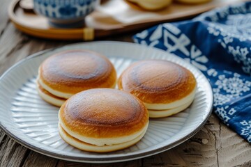 Poster - Selective focus on a wooden table with a white plate holding a Japanese street food pancake filled with custard accompanied by a blue batik napkin