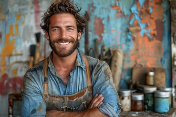 Wall Mural - A cheerful man proudly displays his culinary skills as he stands in front of a rustic wall, his beard and apron a testament to his passion for cooking