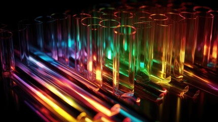 Poster - Background or screensaver made of multi-colored glass glowing tubes. AI generative.