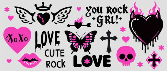 Aufkleber - Trendy gothic style stickers with roses, hearts and crosses. Set of vector illustrations in Y2K tattoo style in black and pink colors.