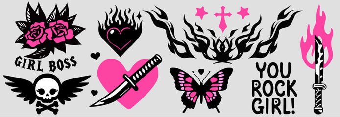 Aufkleber - Trendy gothic style stickers with roses, hearts and crosses. Set of vector illustrations in Y2K tattoo style in black and pink colors.
