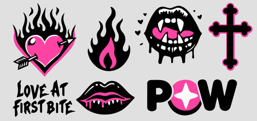 Aufkleber - Trendy gothic stickers with lips, hearts and other girlish tattoo style elements. Set of vector illustrations in black and pink colors.