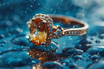 Wall Mural - Oval cut topaz ring with diamonds on blue background close up with water drops