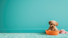 Puppy In A Bowl On A Turquoise Rug