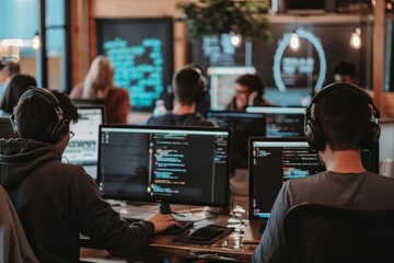 software development team in action focusing on innovation and teamwork in a tech-savvy workspace co