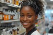A young woman stands confidently in a store, her bright smile lighting up the frame as she peruses the shelves filled with bottles, showcasing her stylish clothing and capturing the essence of human 